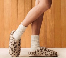 Bombas Women's Plush Sunday Slipper- Color: Feather Beige Leopard - Women  s Sz 7