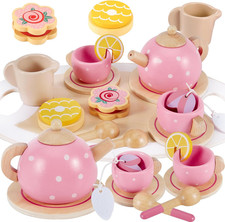 AOLEVA Kids Wooden Toy Tea Set for Toddlers Girls with Wooden Play Food Childs
