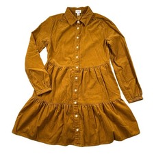 J Crew Factory Shirt Dress Women 2P Brown Tan Corduroy Tiered Cotton Long Sleeve