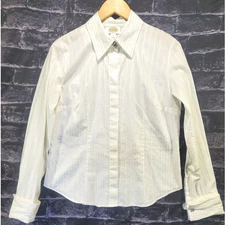 Talbots Shirt Womens 8 White Pinstripe Button Down Rhinestone Collar Elegant Top