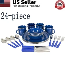 24 PCS Enamel Camping Tableware Cookware Set Cups Bowls Plates Forks Spoons Blue