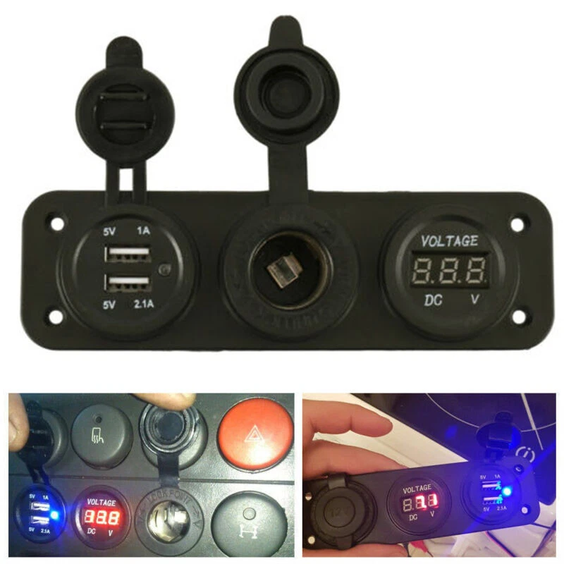12V Marine Boat Car RV Voltmeter Dual USB Port Power Socket 3 Hole Panel Switch - Image 2 of 4
