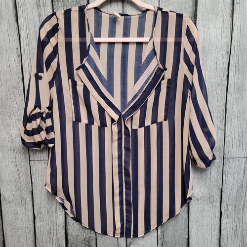 My Beloved Shirt Womens Small Tan Navy Striped Shear 3/4 Sleeve Top Blouse