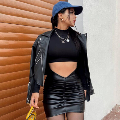 Women's solid color fashionable short skirt pleated PU wrap buttocks skirt