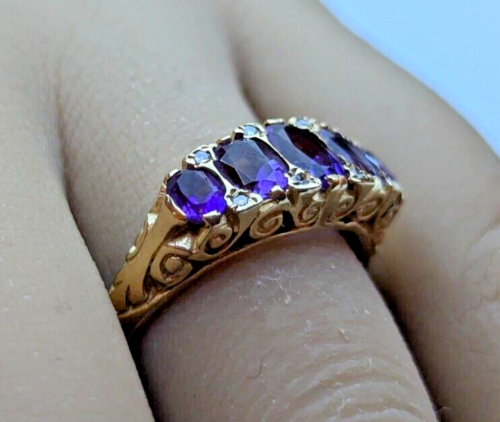 9ct Yellow Gold Ring Purple Blue Amethyst & Colourless Diamonds Ring Size O 1/2 - 第 4/11 張圖片