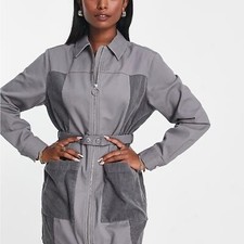 ASOS DESIGN zip through dress with patchwork cord in charcoal size 10