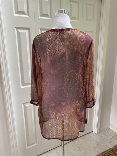 Tunica Chico’s Plum oro metallizzato paisley perline seta trasparente Boho Chico’s 1 M nuova senza etichette - Foto 5 di 8