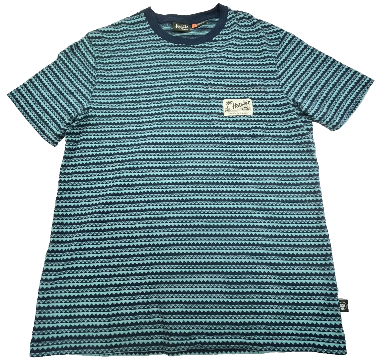 Howler Bros Geometric T-Shirt Blue Aztec Tribal Stripe AOP Pocket Crewneck Small