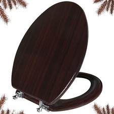 Elongated Dark Brown Wooden Toilet Seat with Zinc Hinges Easy Install