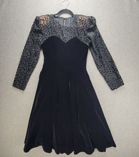 Vintage 80s Niki Petites Size 7 Black Velvet Prom Party Illusion Neckline Dress