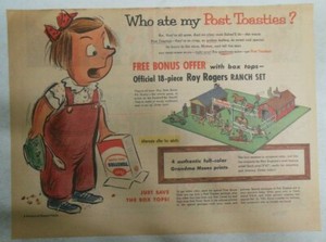 Post Cereal Ad: Post Toasties Cereal Roy Rogers Ranch from 1940's 11 x 15 inches