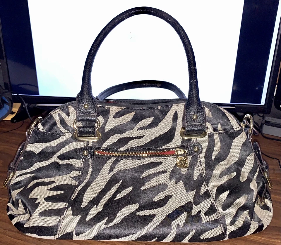 Anne Klein Handbag Zebra Print Med Shoulder Bag Purse Brown & Beige Zip Pockets