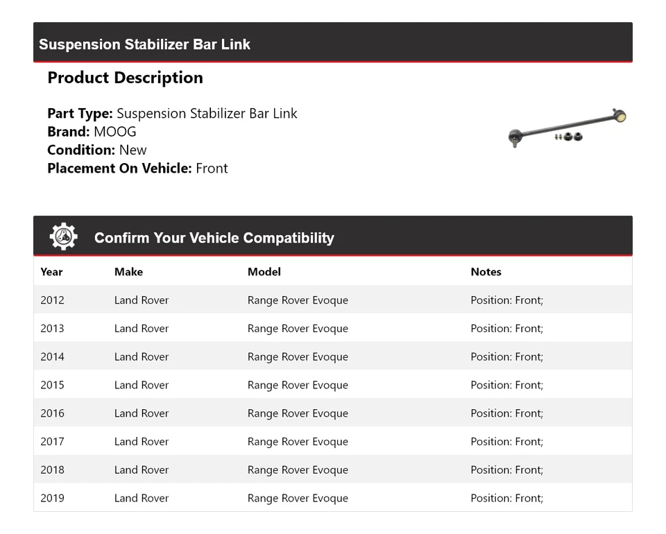 Barra estabilizadora de suspensión MOOG para Land Rover Range Rover Evoque 2012-2019 Foto 2 de 4