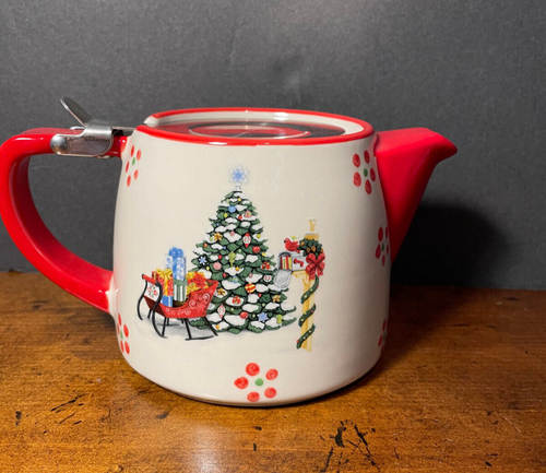 Temp-tations Ceramic Red Floral Lace 18 Oz. Tea Pot with Strainer - Picture 2 of 6
