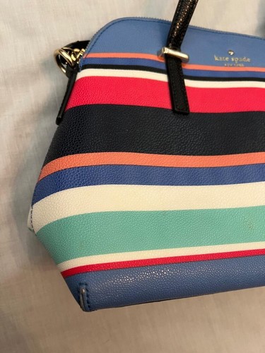 KATE SPADE leather striped zip closure dual handle blue pink handbag - Picture 2 of 5