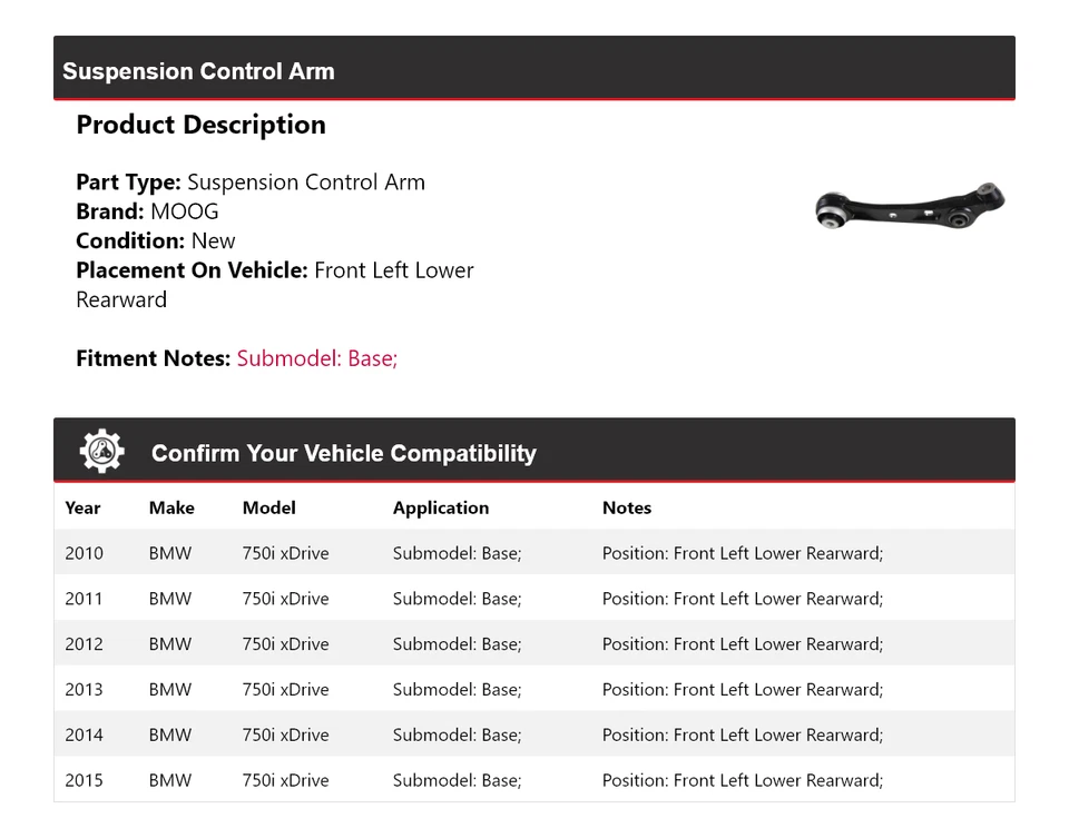 For 2010-2015 BMW 750i xDrive Suspension Control Arm MOOG 2010 2011 2012 2013 - Image 2 of 4