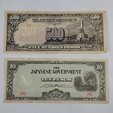 Japanese Government Philippine Invasion Currency 500 & 10 Pesos Notes WWII