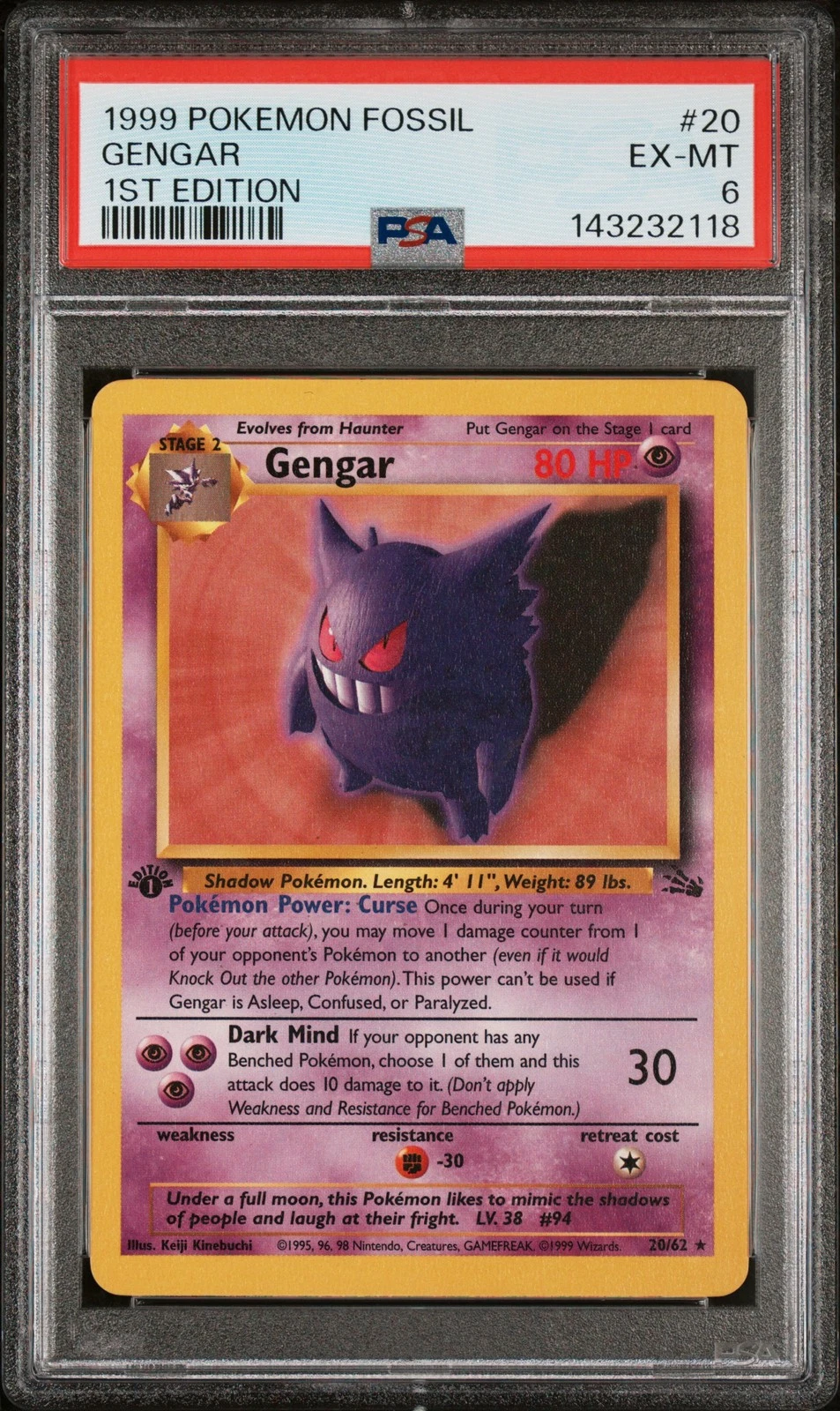 1999 POKEMON FOSSIL 1ST EDITION #20 GENGAR PSA 6