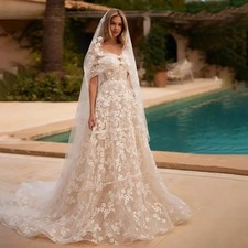 3D Flowers A-Line Wedding Dress Off Shoulder Lace Appliques Bridal Gown Backless