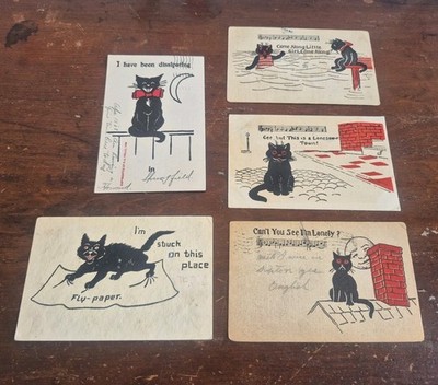 Five Antique Edwardian Early 1900s RL Wells Black Cat Postcards 