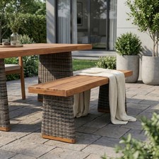 Acacia Wood Bench with Teak Finish & Grey Wicker, 57" L