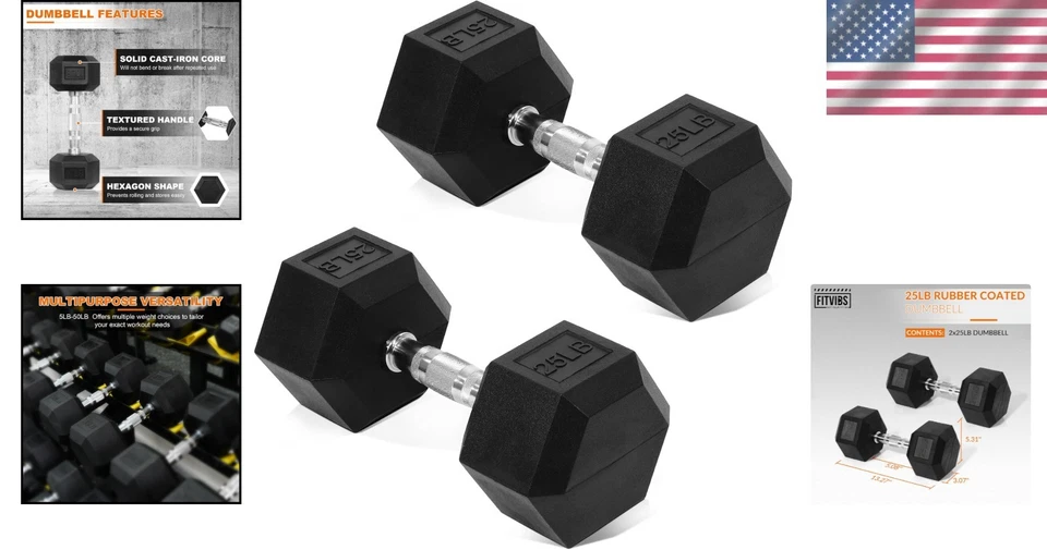 Rubber Coated Dumbbells Pair 25 lbs Cast Iron Non-slip Grip - Image 2 of 4