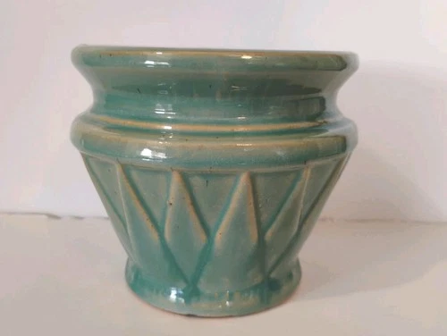 Vtg McCoy Pottery Turquoise Sunburst  1920's Deco 4.25" Planter Cache Pot