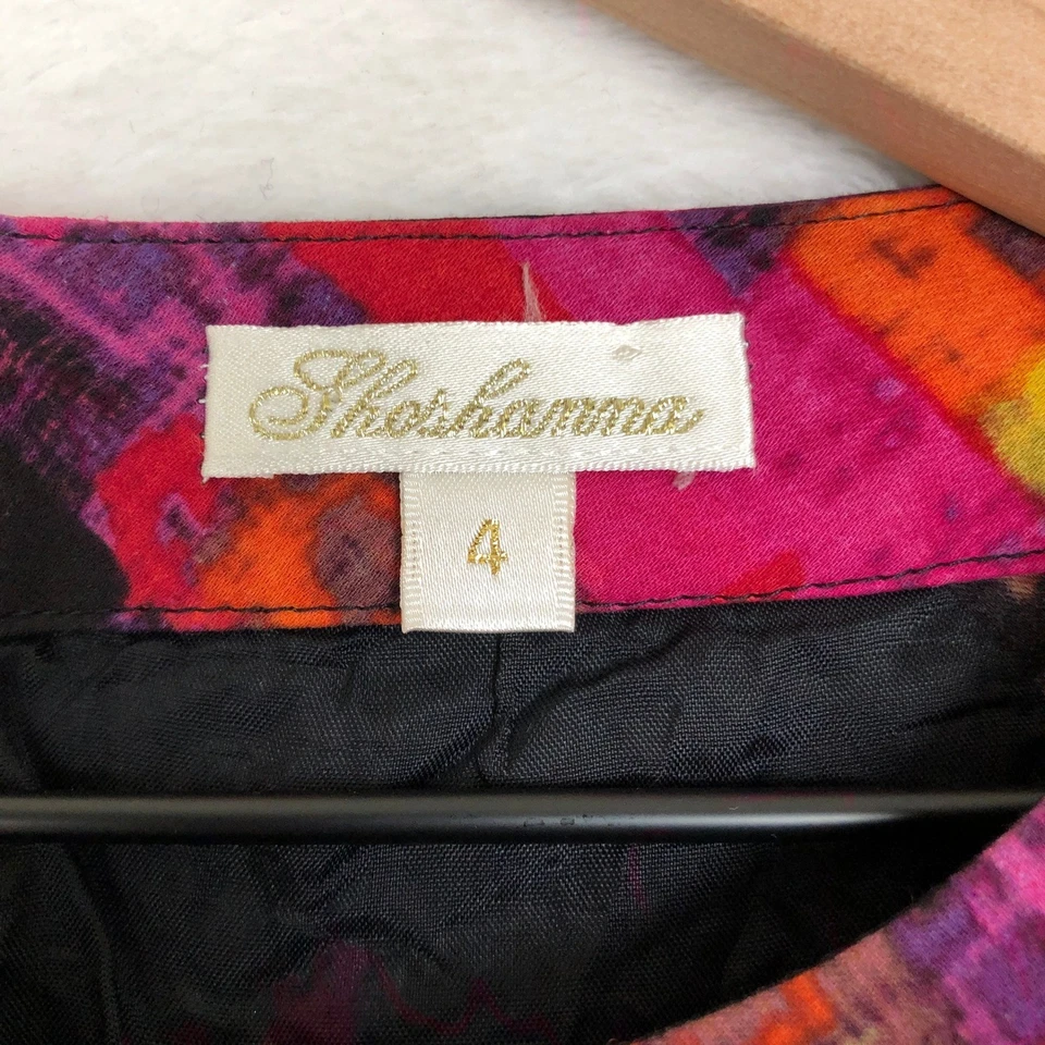 Vestido midi de seda SHOSHANNA tamanho 4 preto rosa laranja abstrato bainha carreira P/S - Imagem 3 de 4