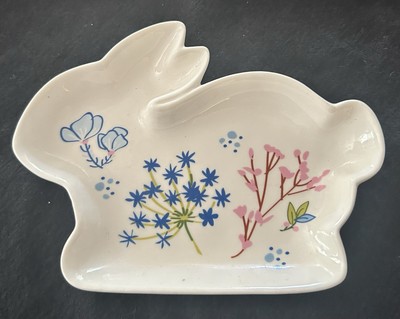 tag Stoneware White With Floral Bunny Trinket Dish