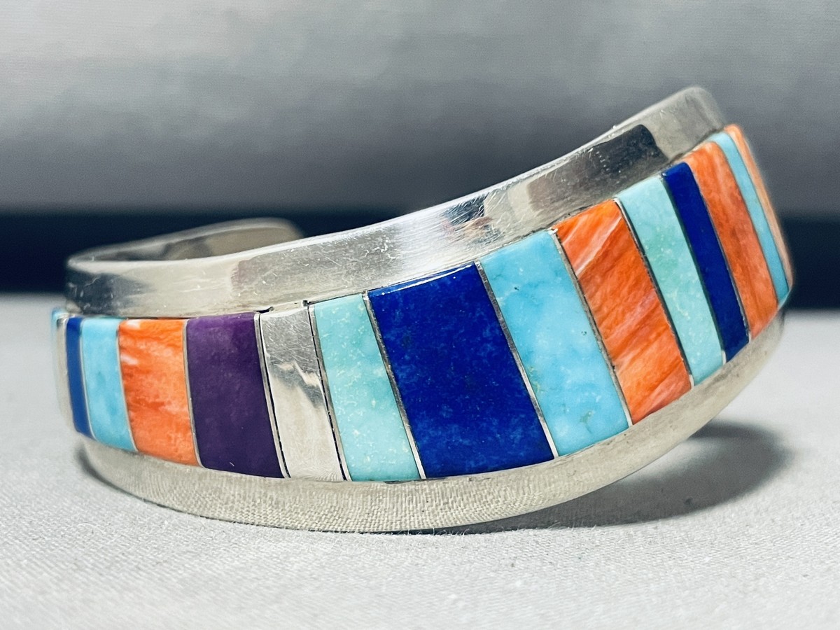 One Of The Best 6.5 Inch Wrist Vintage Native American Navajo Inlay Sterling Silver Bracelet One Of The Best 6.5 Inch Wrist Vintage Native American Navajo Inlay Sterling Silver Bracelet