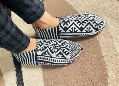 Women Men(US 12, EU 40-43),ethnic Turkmen hand-knit slipper sock 