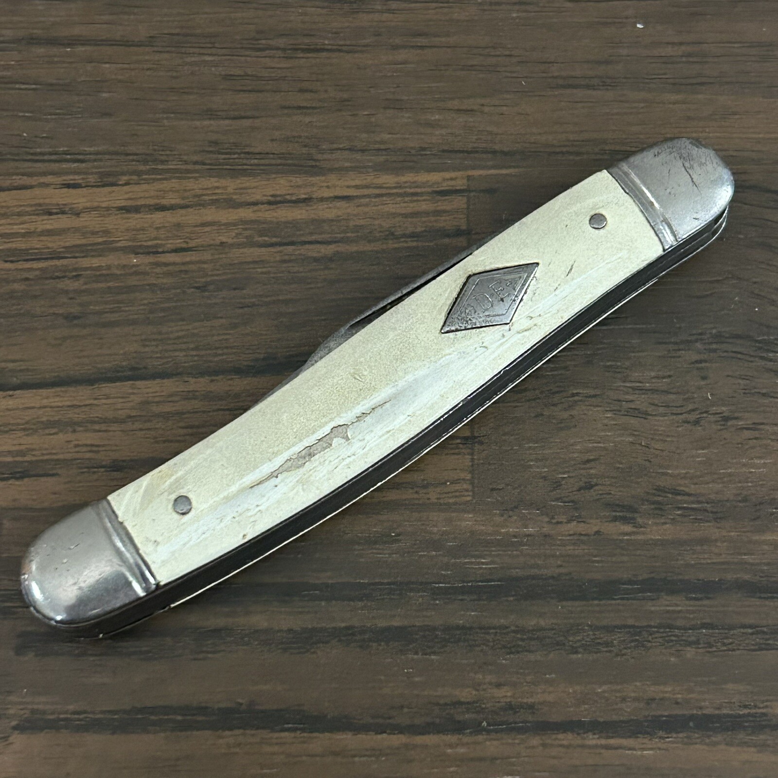 Vintage Imperial Diamond Edge Pocket Knife White Handle Two Blades See