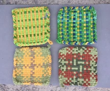 Hand Loomed Pot Holder Set 4 Woven Hot Pad 5.5" Green Yellow Mixed Variety Lot