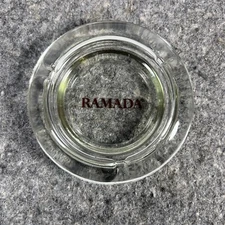 Vintage Ramada 4-1/8" Diameter Circular Clear Glass Ashtray Brown Lettering