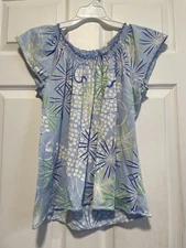 IZOD top shirt blouse L 10 Bust 40 Length 23 Blue White Green Modern Print