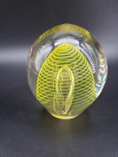 Art Glass Paperweight Yellow Swirl Single Large Controlled Bubble