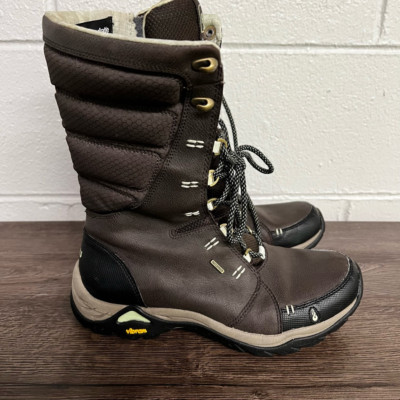 Ahnu Womens Winter Boots Brown Black Leather Insulated Mid Calf Flat Lace Up 7.5