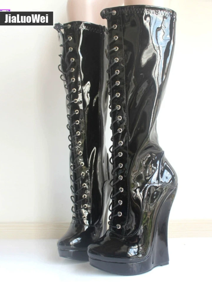 18cm Wedge Heel Lace Up Dance Knee High Boots Womens Men Nightclub Plus sz 36-46 - Image 4 of 4