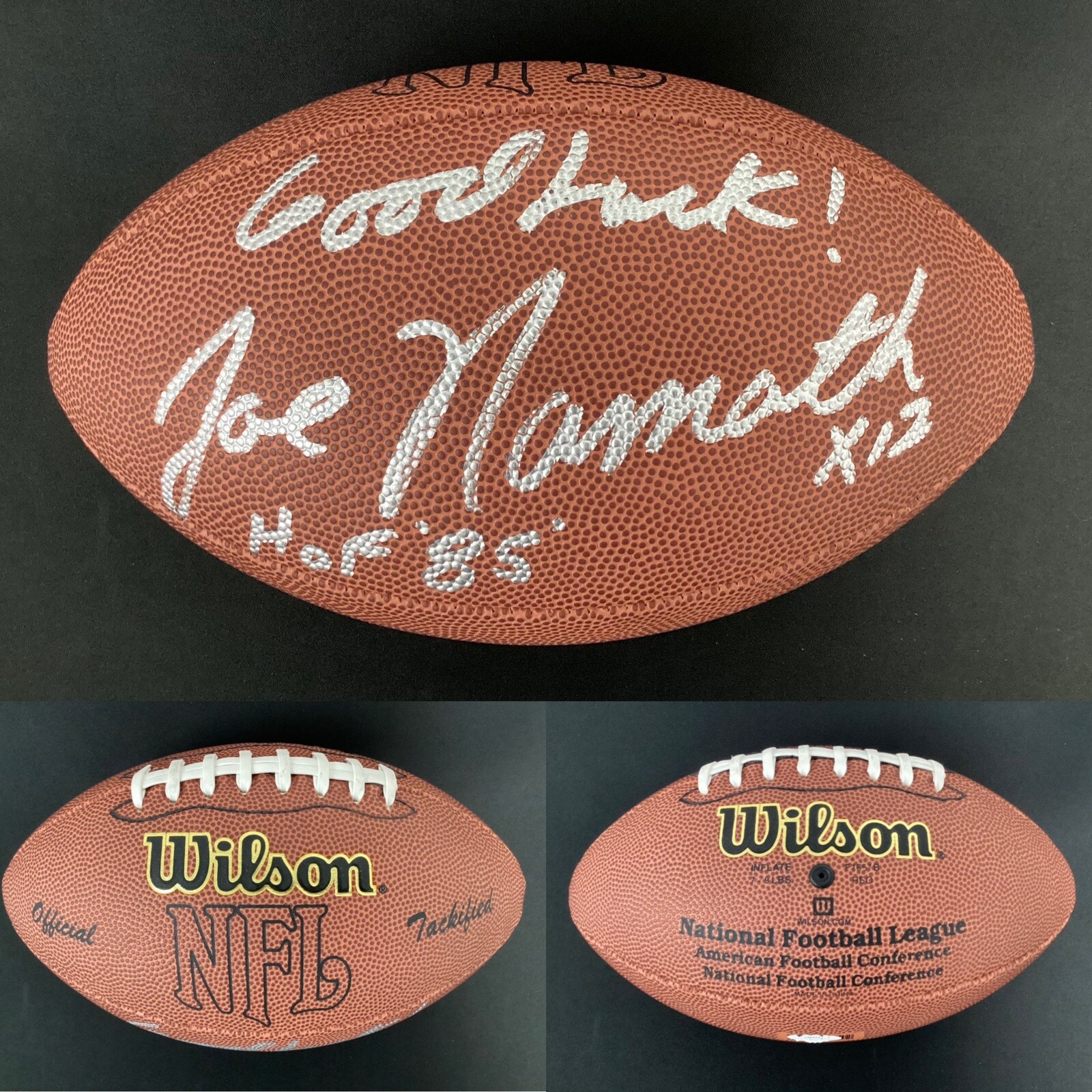 Joe Namath Autographed Signed Football Wilson Jets Autograph Good Luck Hof85 Inscription JSA 
