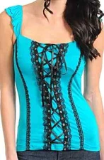Turquoise/Teal Ribbon & Lace-Up Trimmed Front Ruffle Cap Sleeve Tank Top