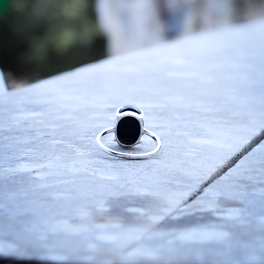 Ring Gothic Black Ornament Aus 925 Sterling Silber Mit Onyx Schwarz