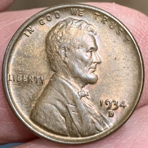 1934d Lincoln Cent nice original AU+ condition coin w/ mint luster showing