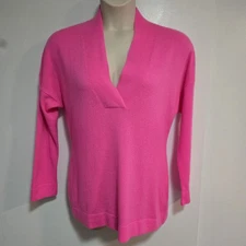 Isaac Mizrahi Sz L Brilliant Pink 2-Ply Cashmere V-neck Pullover Sweater A257906