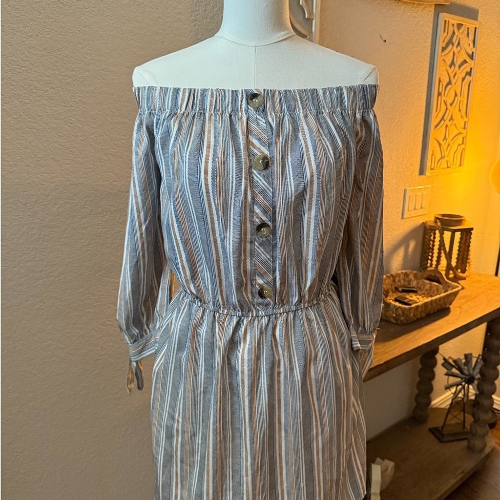 blue and white striped dress off the shoulder Striped High Low Off Shoulder Dress In LIGHT STEEL BLUE