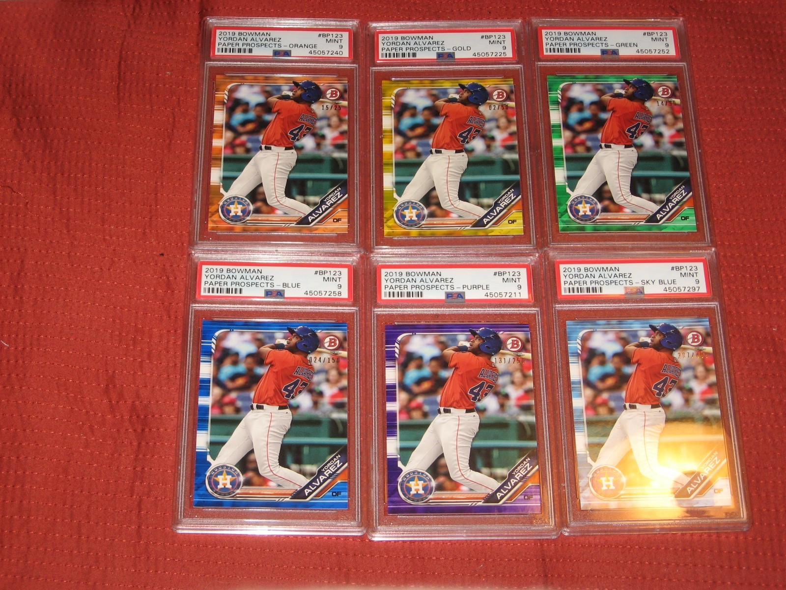 (6) 2019 19 YORDAN ALVAREZ BOWMAN SERIAL NUMBERED RAINBOW ORANGE /25 + ALL PSA 9
