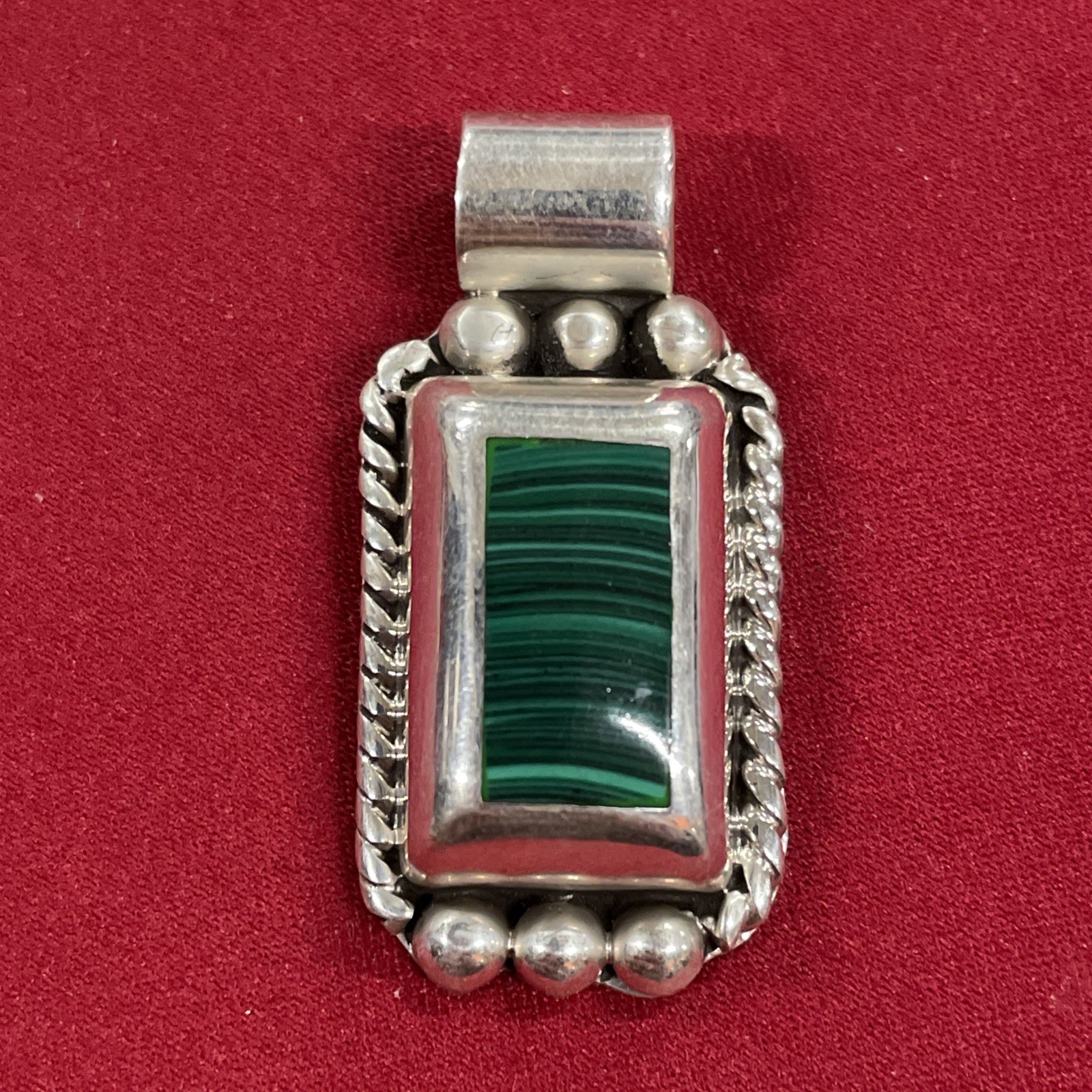 Sterling Silver 925 Rectangular Malachite Stone C… - image 1
