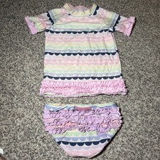 RuffleButts Girls Pastel Scallop Rash Guard and Ruffle Bottom Swimsuit Set