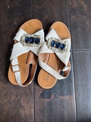 Marni Sandal Oat Calf Hair Large Blue And Clear Crystal Clip Cross Straps 37