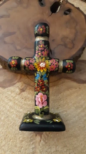 Vintage Miniature Mexican HandPainted Wooden Cross Gorgeous Flowers 3 3/4"