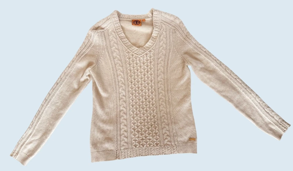 TORY BURCH Cream V Neck Cable Knit Wool Cashmere Sweater Size Small - Image 2 of 4